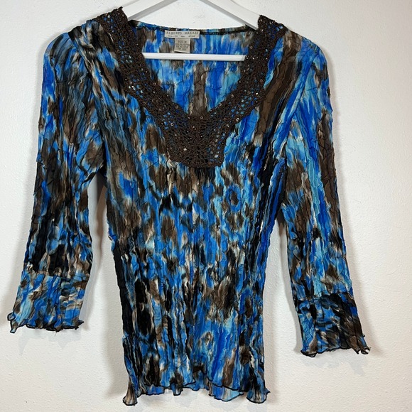 Alberto Makali Tops - VTG Y2K Alberto Makali Abstract Crinkle Top Crochet Sequin V-Neck Size M Whimsy